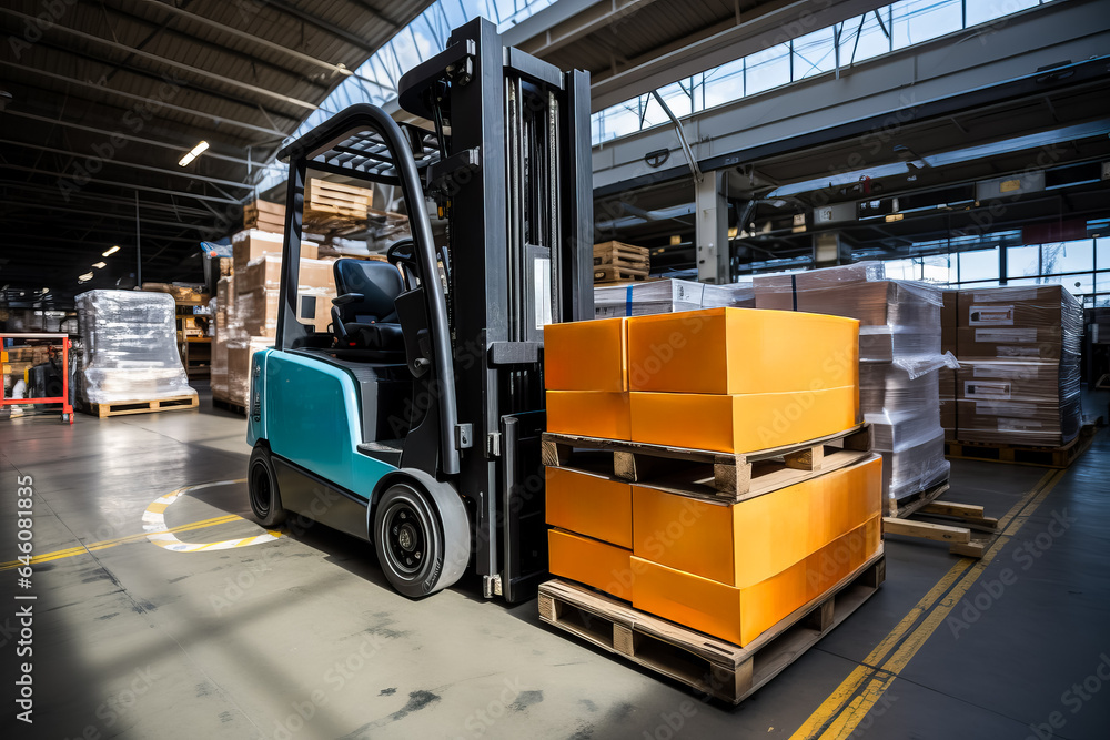 A forklift lifts product pallets in a large warehouse 
