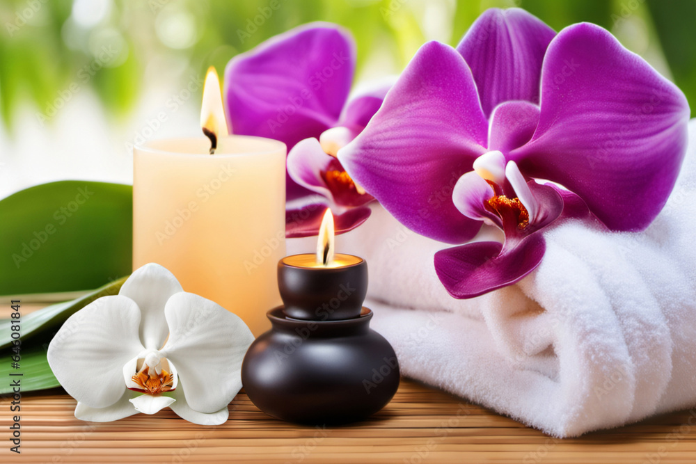 Wellness decoration and bamboo, towel, orchids and candle Wellness decoration and bamboo, towel, orchids and candle