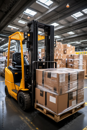 A forklift lifts product pallets in a large warehouse 
