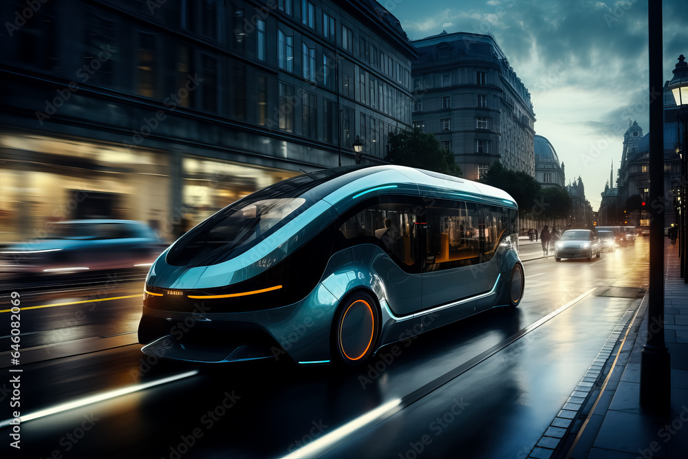An autonomous electric car changes lanes and overtakes a vehicle in the city  - obrazy, fototapety, plakaty 