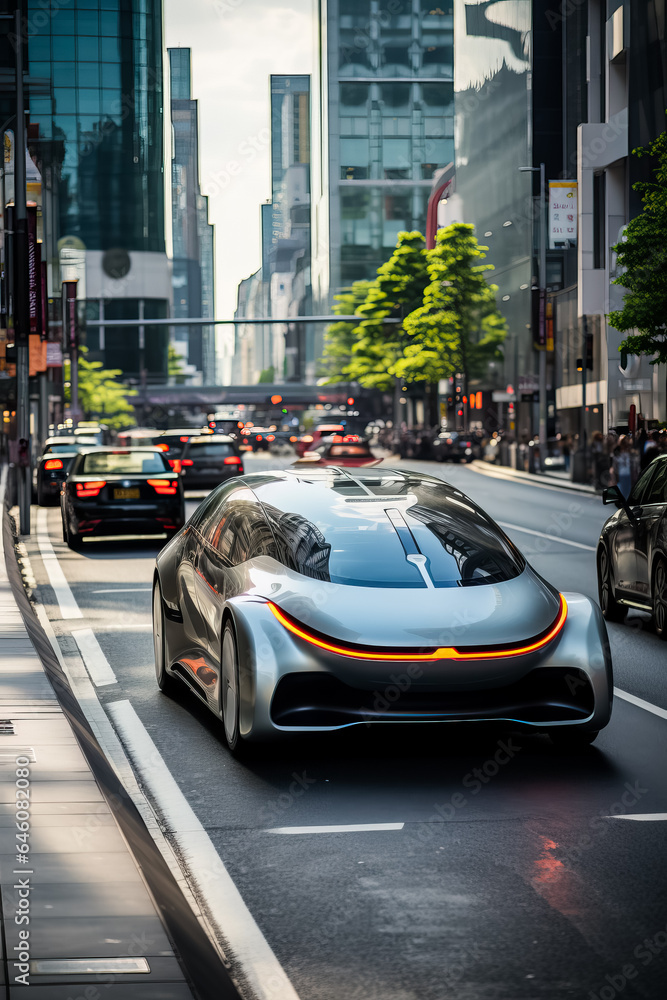 An autonomous electric car changes lanes and overtakes a vehicle in the city 