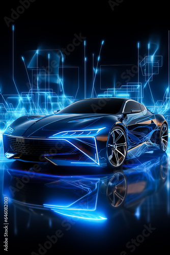 Abstract future sports car with electric-powered engine featuring low polygon wireframe triangle and particle-style illustration  © fotogurmespb