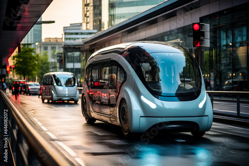 An autonomous electric car changes lanes and overtakes a vehicle in the city 