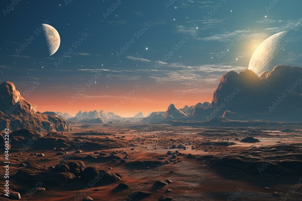 Desolate planet with rocky landscape and huge moon on the horizon. Perfect for sci-fi and space exploration. Generative AI