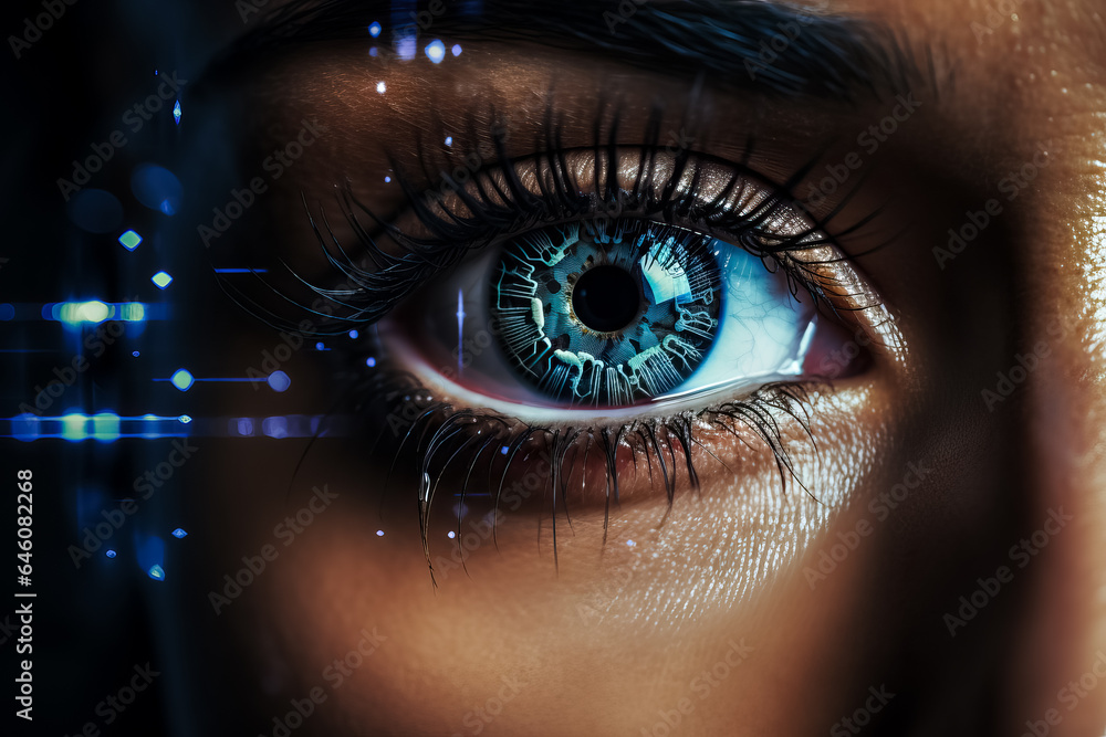 Close up of female eyes with photorealistic biometrics eye scanning futuristic digital cyber technology and colourful facial recognition on dark background 