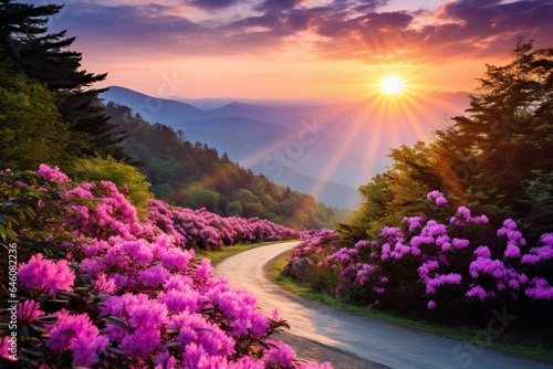 Breathtaking Smoky Mountains scenery along Blue Ridge Parkway near Asheville, showcasing vibrant flowers, lush hills, and majestic mountains. Generative AI