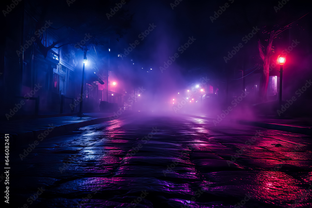 Dark empty street with neon lights spotlights and smoke floating up creating an atmospheric night view 
