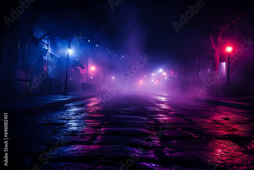 Dark empty street with neon lights spotlights and smoke floating up creating an atmospheric night view 
