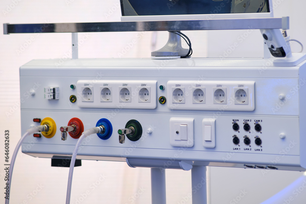Medical equipment in the operating room for artificial lung ventilation and connection to electrical outlets and cameras Medical equipment in the operating room for artificial lung ventilation and connection to electrical outlets and cameras