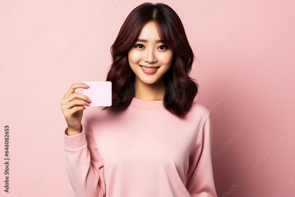Happy young Asian woman smiling showing credit card satisfied with service on pink studio background Happy young Asian woman smiling showing credit card satisfied with service on pink studio background