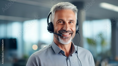 Portrait of a senior businessman wearing headset and smiling while working in office