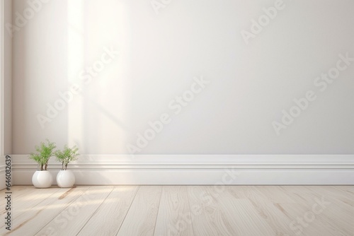 Close-up of elegant white baseboard corner in empty room with space. Generative AI