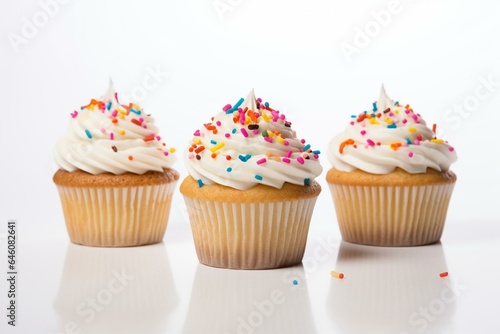 Three frosted cupcakes with sprinkles on a white surface, reflecting on the floor against a white background. Generative AI