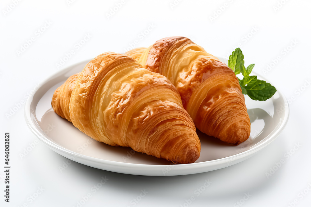 Isolated on a white background a plate with a fresh butter croissant 