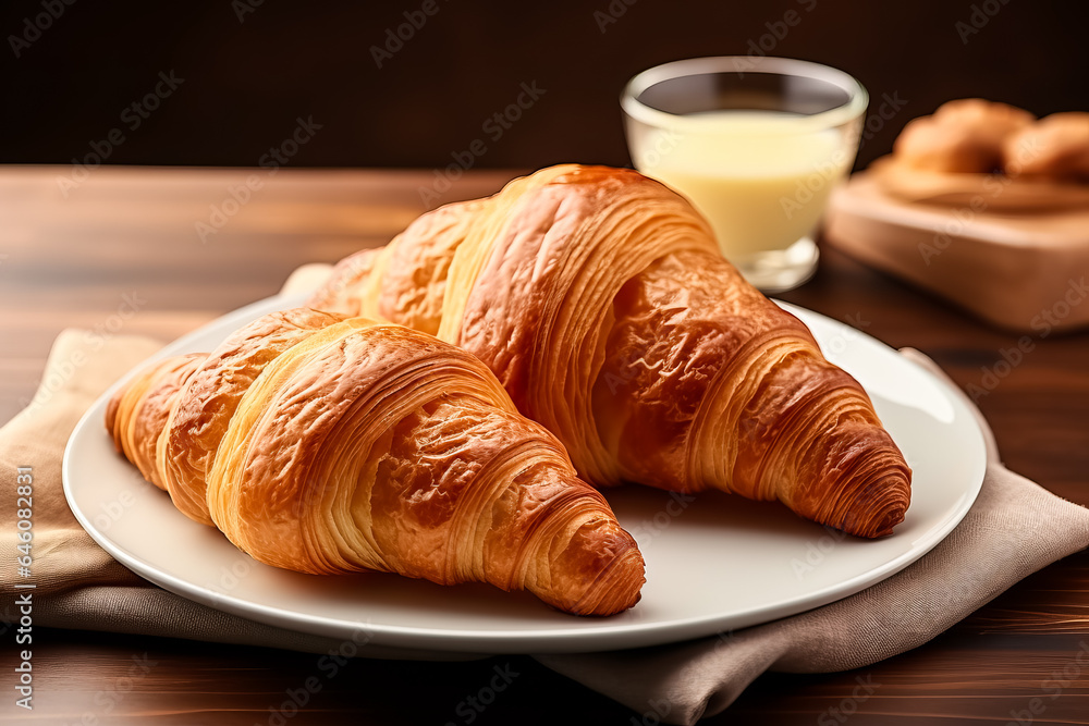 Isolated on a white background a plate with a fresh butter croissant Isolated on a white background a plate with a fresh butter croissant