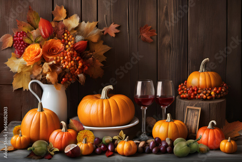Dekoration im Herbst mit Wein  Blumen und K  rbis