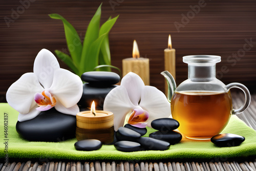 Wellness und Tee  Steine  Orchideen  Kerzen und Handtuch