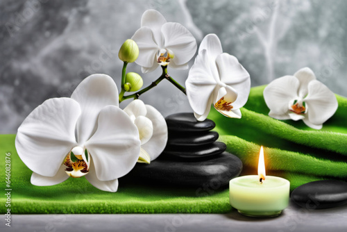Wellness Dekoration und Steine, Orchideen, Kerze und Handtuch