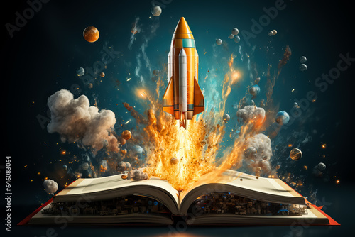 Rocket launches from an open book spaceship lifts off from a dictionary; illustrating successful startup and education with AI generative creativity 