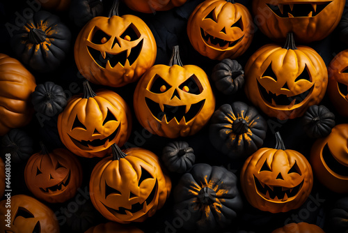 Seamless Halloween pattern featuring spooky black pumpkin faces and festive orange jack-o'-lanterns 