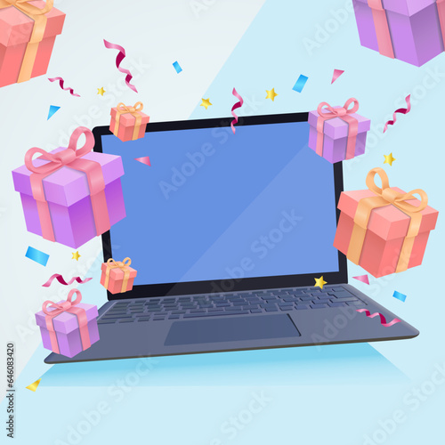 Gift boxes and modern laptop. Surprize