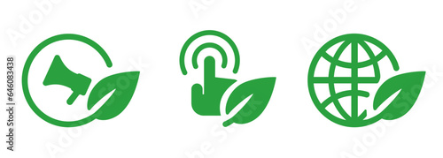 Eco sustainable campaign internet digital marketing of ecology issues green leaf leaves set icon of megaphone hand click and internet globe
