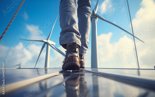 Close up of a legs of worker standing on top of a wind turbine with a harness