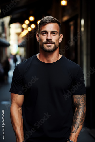 Young model wearing black t-shirt on street daylight hipster adult mockup for design print casual placement 