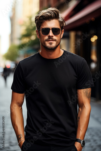 Young model wearing black t-shirt on street daylight hipster adult mockup for design print casual placement 