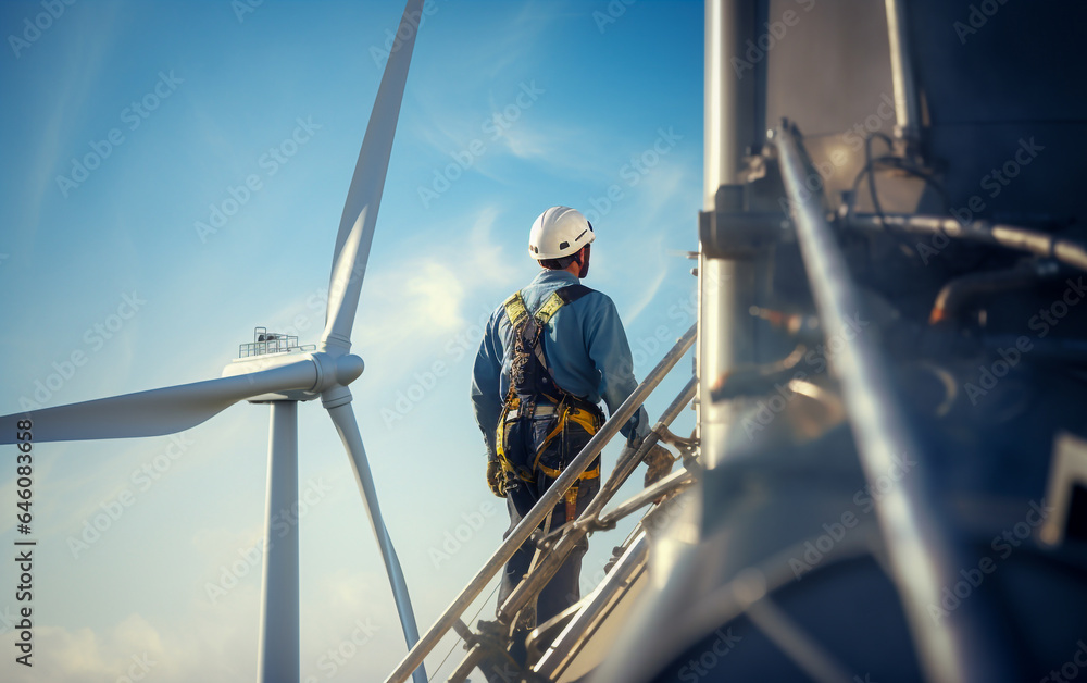 A worker standing on top of a wind turbine with a harness A worker standing on top of a wind turbine with a harness