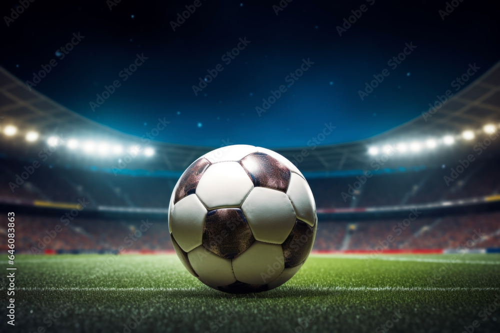 Soccer ball on soccer stadium and spotlight without soccer players. The background of the supporter seat. Sports concept for competitions and watching games.