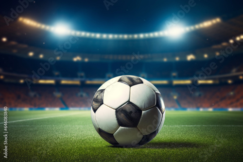 Soccer ball on soccer stadium and spotlight without soccer players. The background of the supporter seat. Sports concept for competitions and watching games.