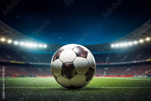 Soccer ball on soccer stadium and spotlight without soccer players. The background of the supporter seat. Sports concept for competitions and watching games.