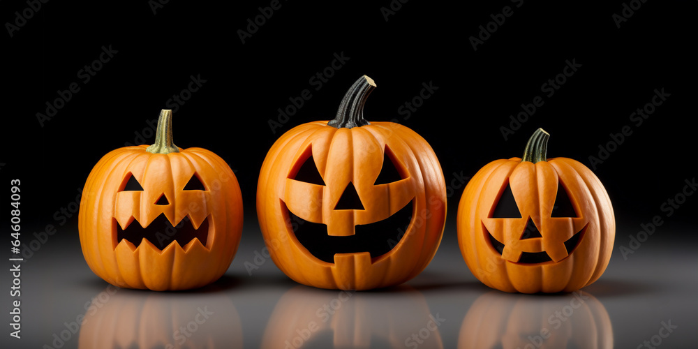 Close-up three carved different sizes pumpkins isolated on black background. Spooky Jack O Lanterns with a evil smile. Advertising Halloween banner background with copy space. Autumn holidays concept Close-up three carved different sizes pumpkins isolated on black background. Spooky Jack O Lanterns with a evil smile. Advertising Halloween banner background with copy space. Autumn holidays concept