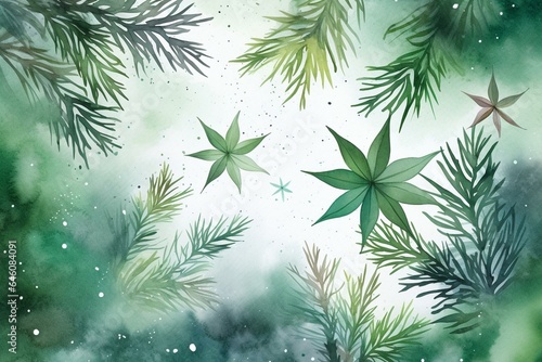 Watercolor evergreens with festive stars on white background. Generative AI