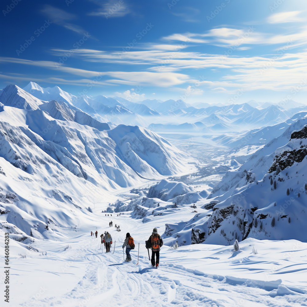 Snow covered mountains in winter with men on skis. AI generated