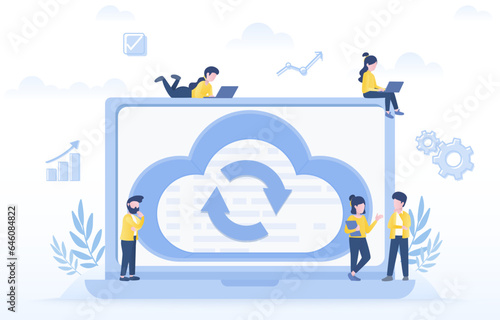 Cloud computing upload and download data online concept. Business people working on backup management, cloud storage, database transfer, synchronization, sharing and restoring. Vector illustration.