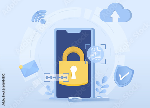 Data protection concept. Protect personal detail and access account by enter password, fingerprint scanning, sensitive data from cyber attack and other form of online threat. Flat vector illustration.