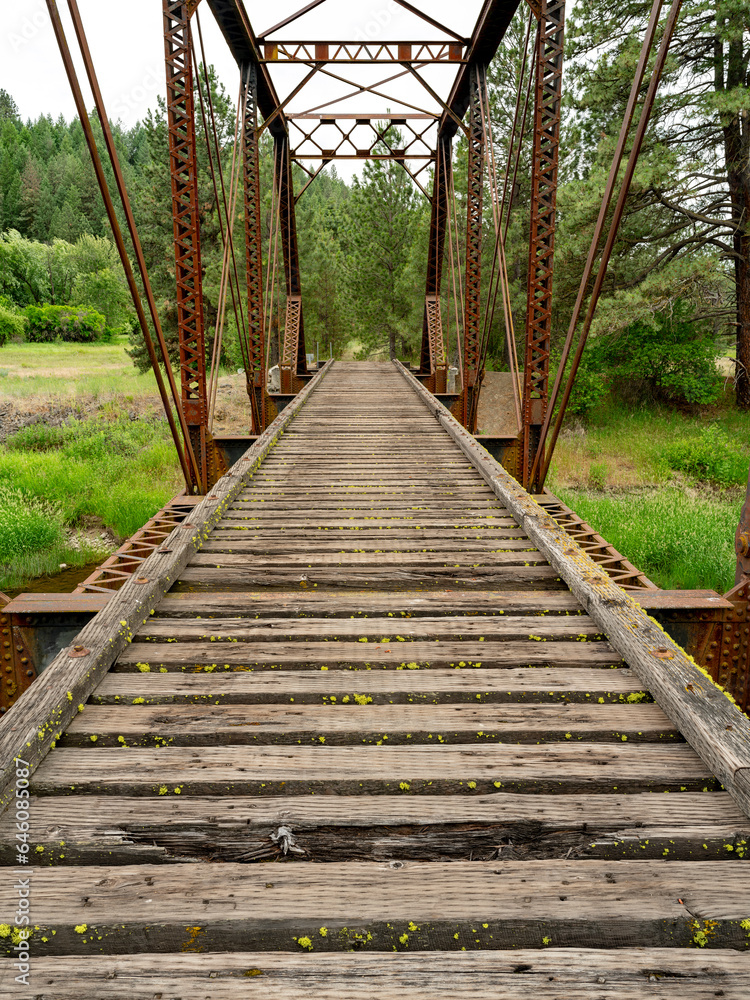 Fototapeta premium Rickety old bridge made of wood and rusted supports