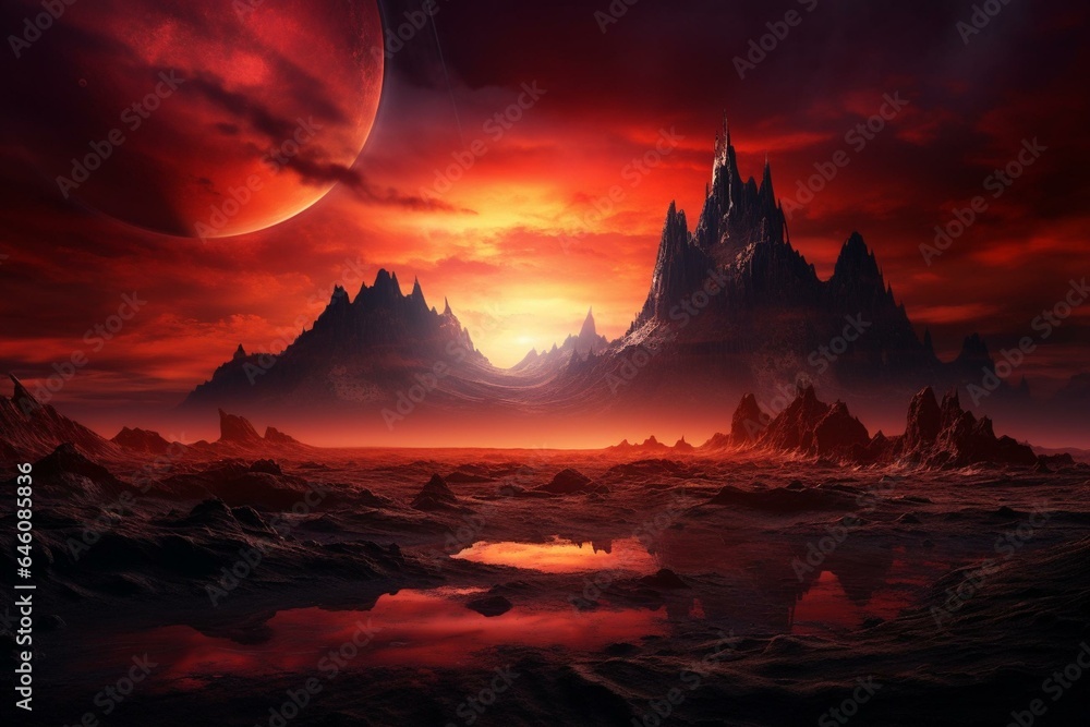 A stunning 4k wallpaper with a dramatic landscape of a red sky. Generative AI