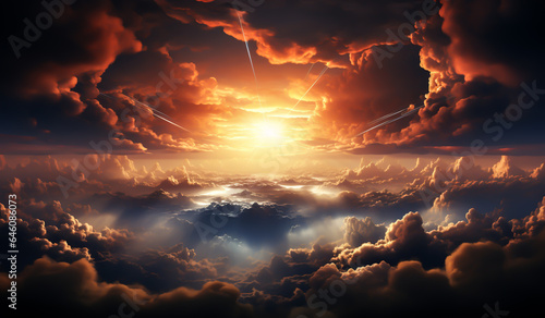Unreal fantasy landscape with cloudy sky at sunset. AI generator