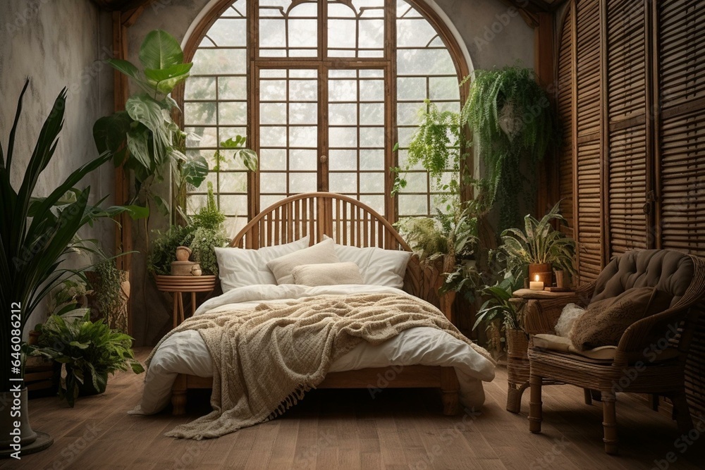 Vintage boho wooden bedroom with bed, chair, plants, shutters, and wallpaper. Generative AI