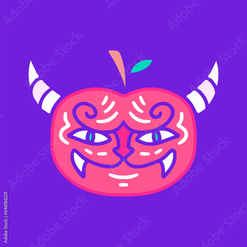 Cool devil apple fruit character, illustration for t-shirt, sticker, or apparel merchandise. With doodle, retro, groovy, and cartoon style.