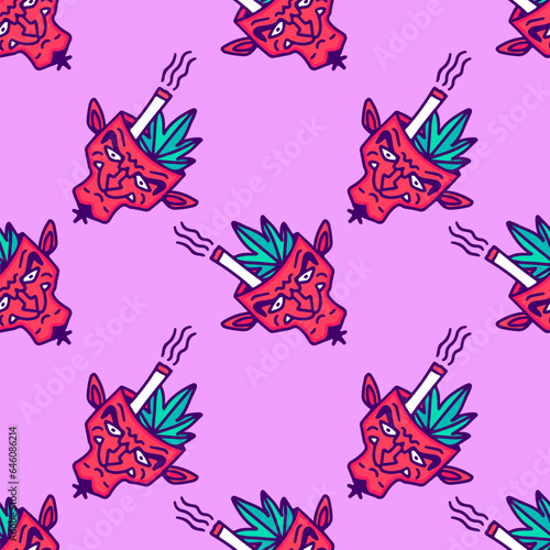 Devil with weed and cannabis leaf, on pink background seamless pattern. Modern vintage, pop art style seamless pattern concept.
