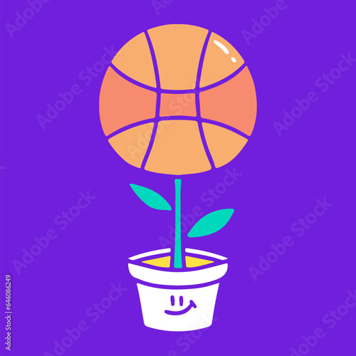 Basketball plant, illustration for t-shirt, sticker, or apparel merchandise. With doodle, retro, groovy, and cartoon style.