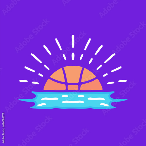 Sunset basketball, illustration for t-shirt, sticker, or apparel merchandise. With doodle, retro, groovy, and cartoon style.