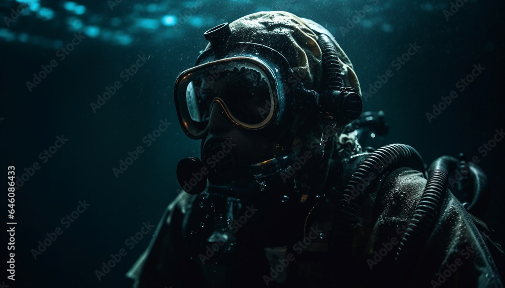 One person scuba diving underwater with military equipment and aqualung generated by AI One person scuba diving underwater with military equipment and aqualung generated by AI
