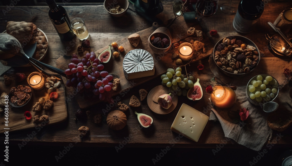 Rustic gourmet meal bread, meat, cheese, fruit, wine, candle generated by AI Rustic gourmet meal bread, meat, cheese, fruit, wine, candle generated by AI