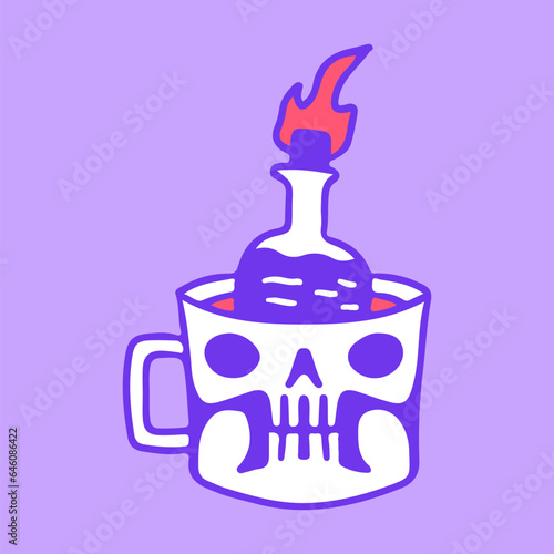 Skull mug with Molotov cocktail inside, illustration for t-shirt, sticker, or apparel merchandise. With doodle, retro, groovy, and cartoon style.