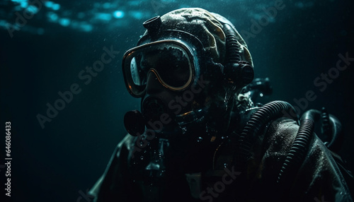 One person scuba diving underwater with military equipment and aqualung generated by AI © Stockgiu
